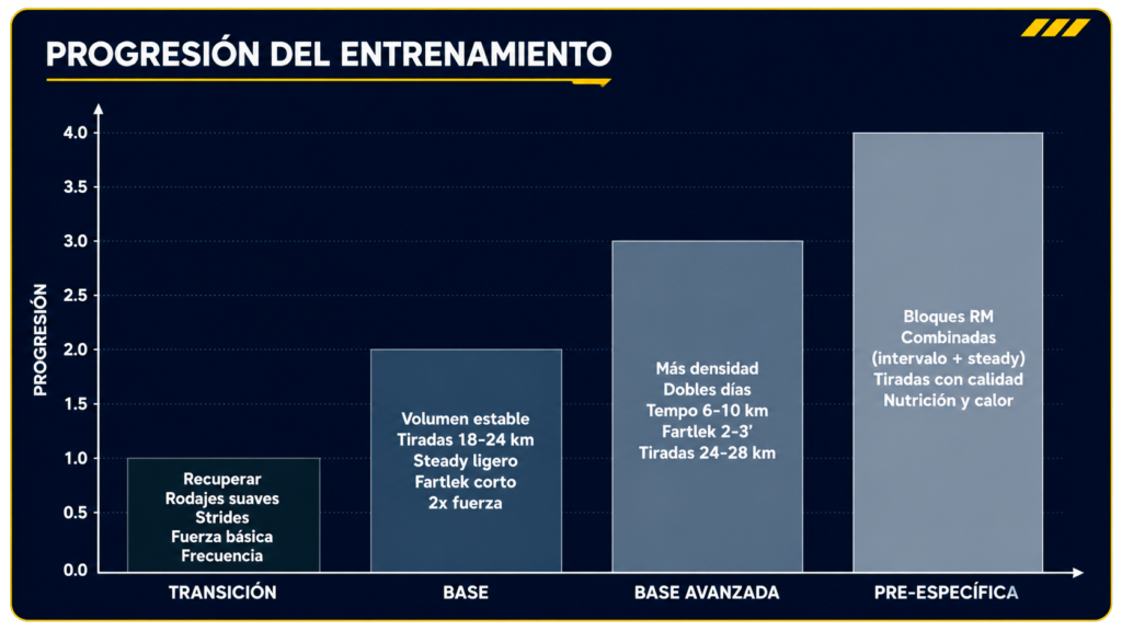 Gráfico de barras con las cuatro fases de una pretemporada de running: transición, base aeróbica, base avanzada y pre-especificidad, con los contenidos de entrenamiento de cada fase. Azaña Running Lab.