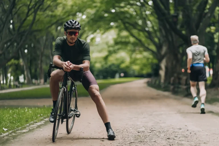 ciclismo para corredores: corredor entrenando en bicicleta como entrenamiento cruzado