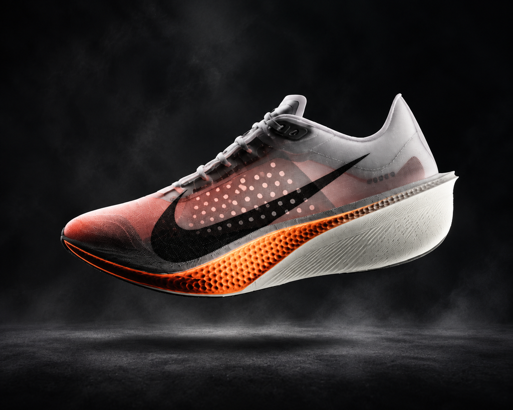 Nike Swooshfly blancas y negras con detalles naranjas, placa de carbono Flyplate y espuma SkyX