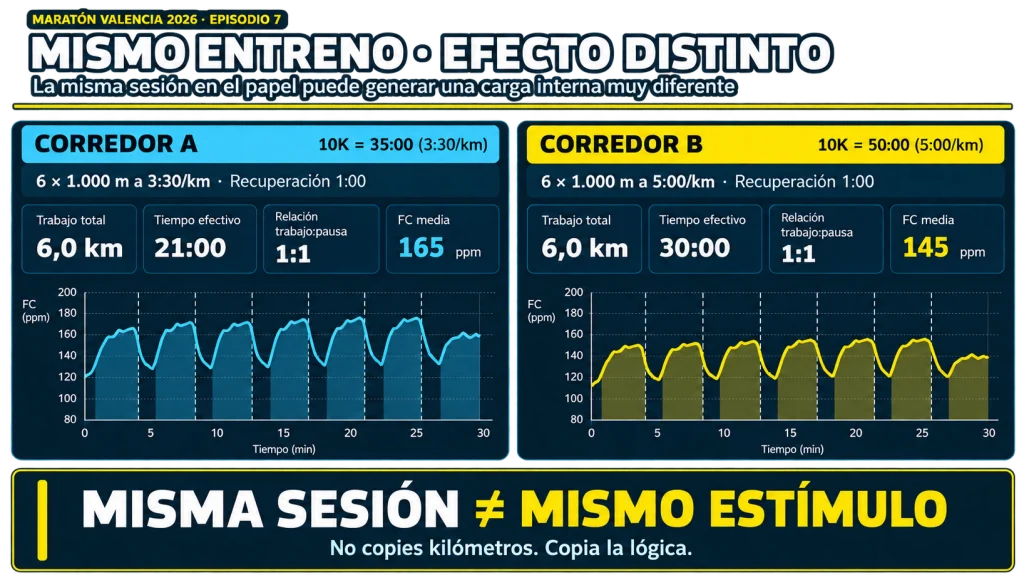 6x1000 a 3:30 no es el mismo entreno que 6x1000 a 6:00